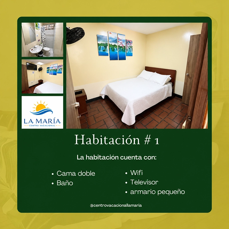 Ficha de Habitación 1 en Finca La María con cama doble, baño, wifi, televisor y armario