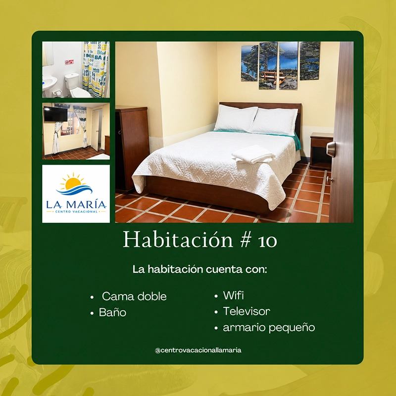 Ficha de Habitación 10 en Finca La María con cama doble, baño, wifi, televisor y armario