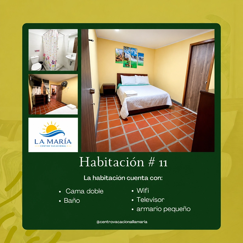 Ficha de Habitación 11 en Finca La María con cama doble, baño, wifi, televisor y armario