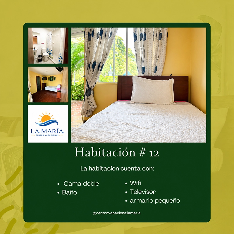 Ficha de Habitación 12 en Finca La María con cama doble, baño, wifi, televisor y armario