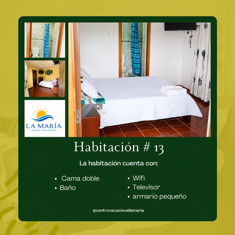Ficha de Habitación 13 en Finca La María con cama doble, baño, wifi, televisor y armario