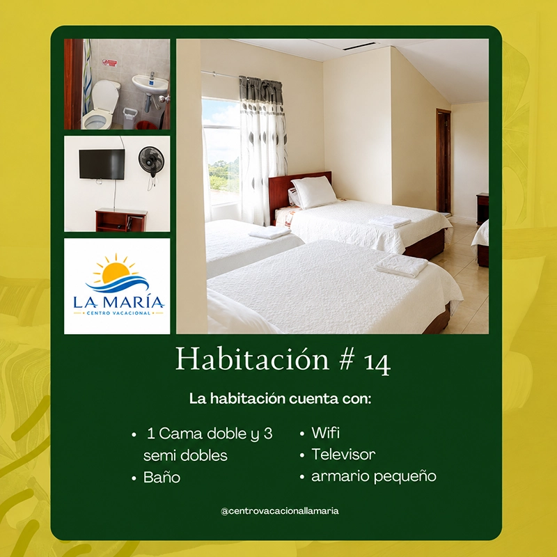 Ficha de Habitación 14 en Finca La María con cama doble, tres camas semidobles, baño y wifi