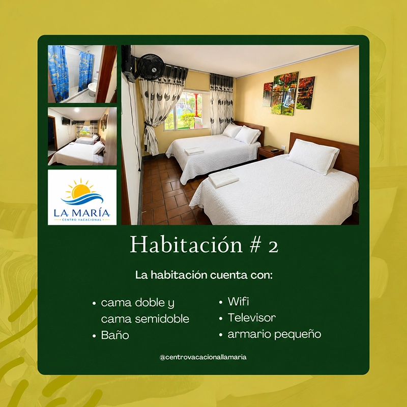 Ficha de Habitación 2 en Finca La María con cama doble, cama semidoble, baño, wifi y televisor