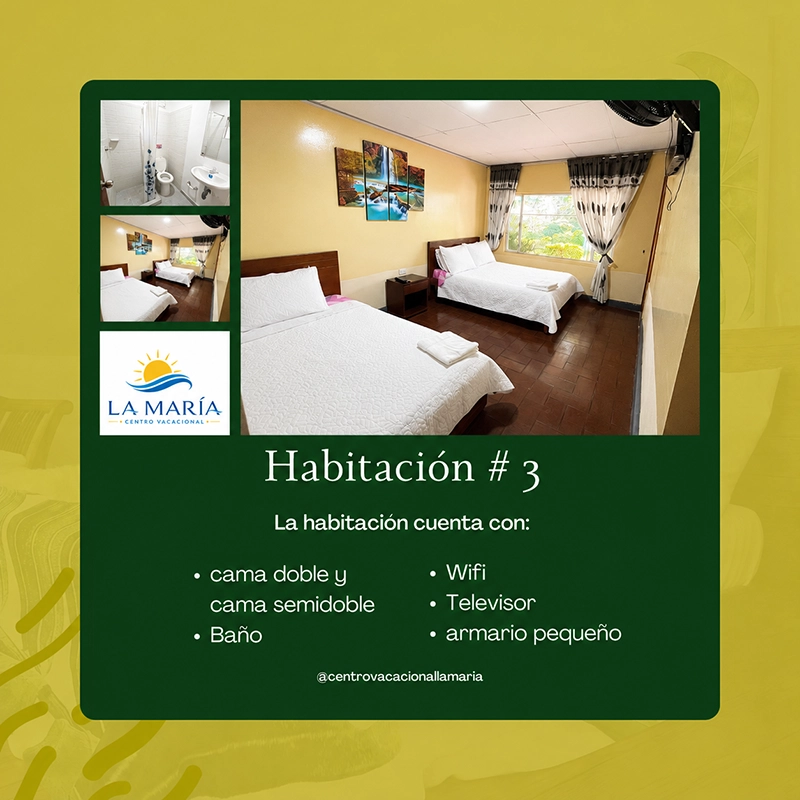 Ficha de Habitación 3 en Finca La María con cama doble, cama semidoble, baño, wifi y televisor