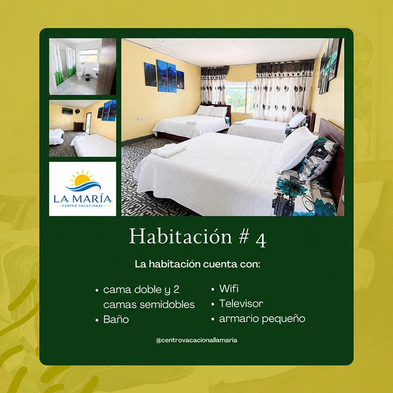 Ficha de Habitación 4 en Finca La María con cama doble, dos camas semidobles, baño y wifi