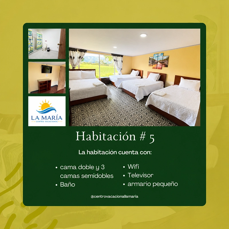 Ficha de Habitación 5 en Finca La María con cama doble, tres camas semidobles, baño y wifi