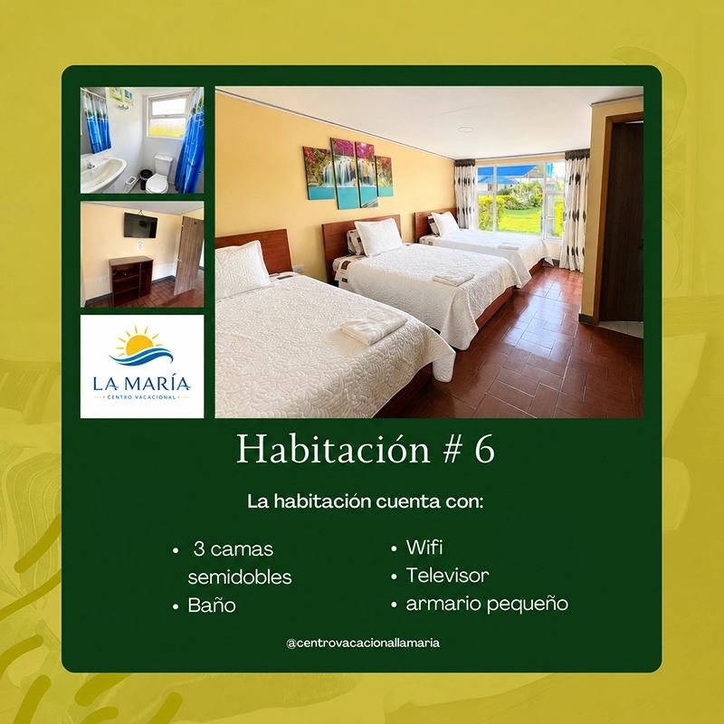 Ficha de Habitación 6 en Finca La María con tres camas semidobles, baño, wifi y televisor