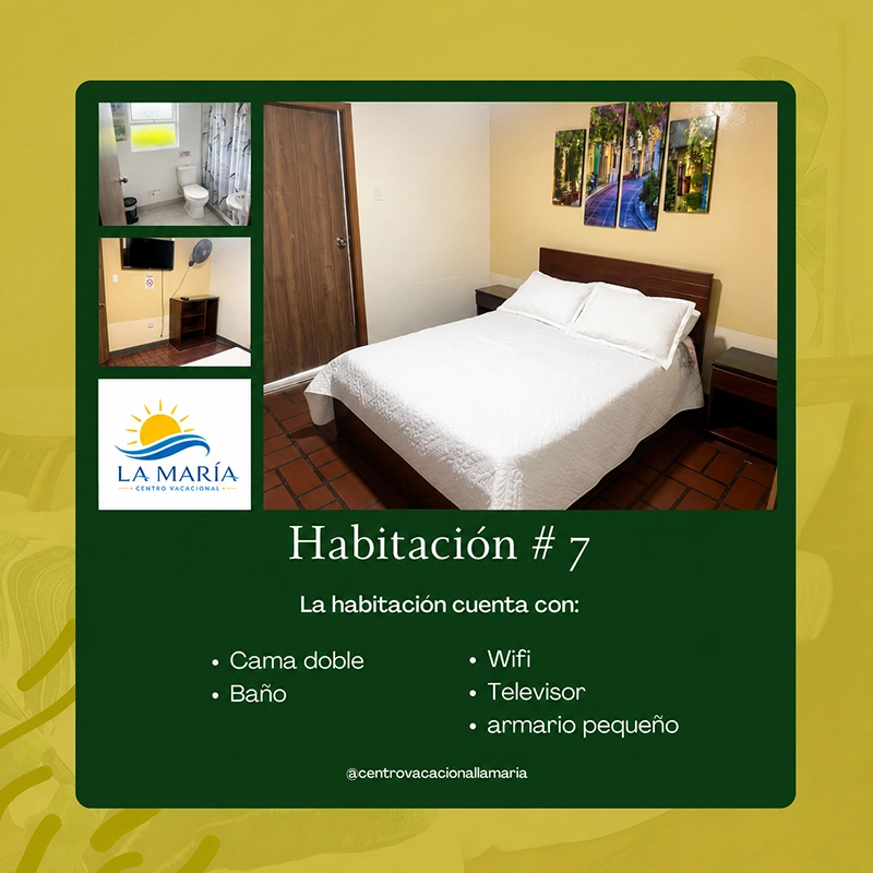 Ficha de Habitación 7 en Finca La María con cama doble, baño, wifi, televisor y armario