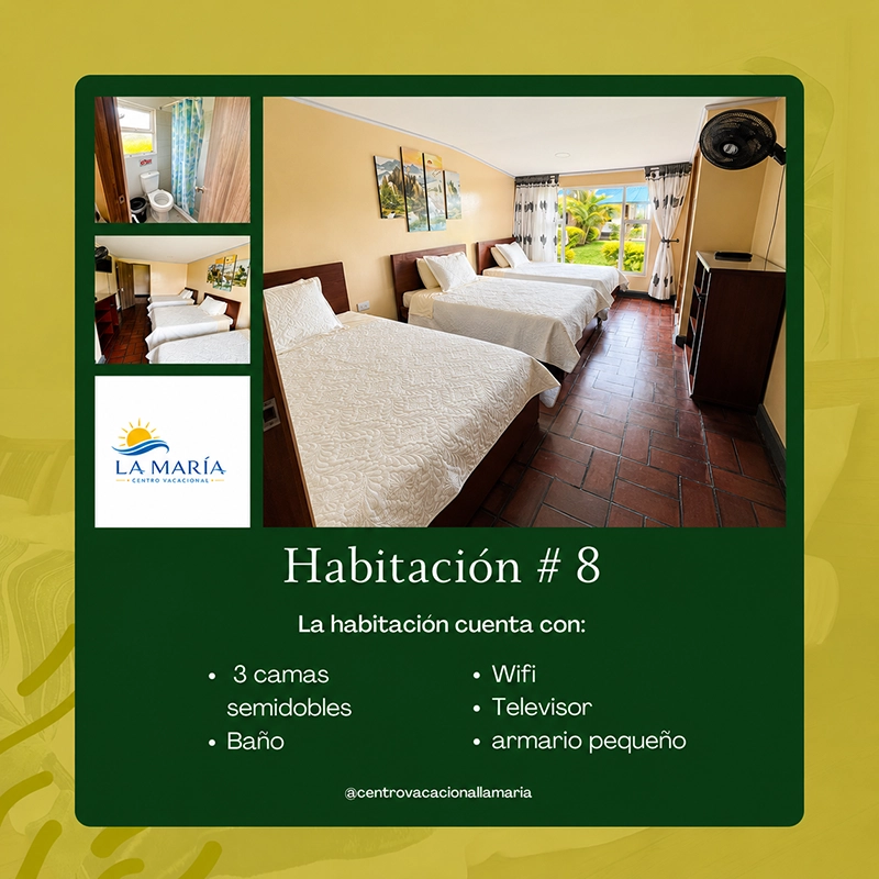 Ficha de Habitación 8 en Finca La María con tres camas semidobles, baño, wifi y televisor