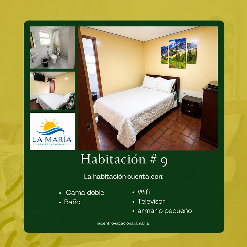 Ficha de Habitación 9 en Finca La María con cama doble, baño, wifi, televisor y armario